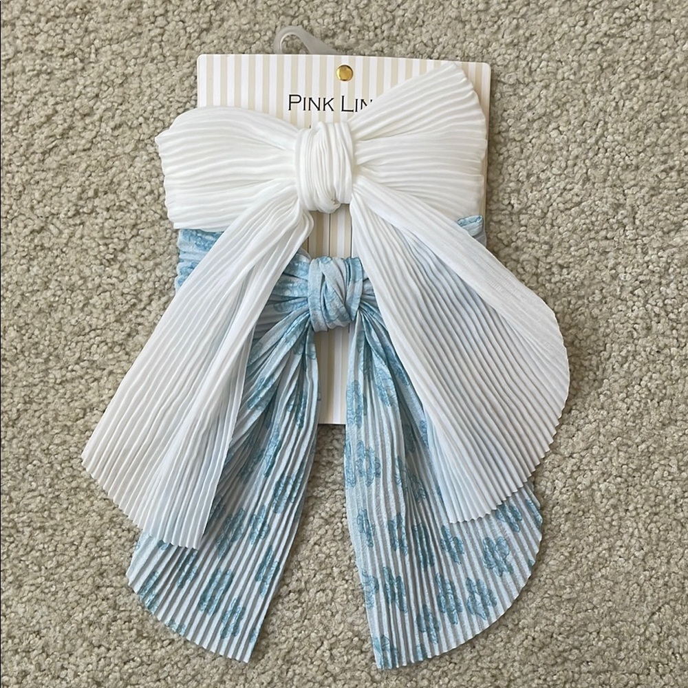Pink Line White and Blue Hair Bow